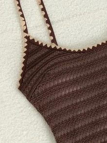 SHEIN Swim 夏季新款歐美風一件式三角性感高衩棕色紋理提花布料撞色細肩帶貝殼飾邊小胸聚攏雙肩帶性感一件式泳衣 女款女孩甜美清新顯瘦泳裝 適用溫泉海灘度假生日派對 - 棕色 - 查看 6