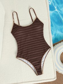 SHEIN Swim 夏季新款歐美風一件式三角性感高衩棕色紋理提花布料撞色細肩帶貝殼飾邊小胸聚攏雙肩帶性感一件式泳衣 女款女孩甜美清新顯瘦泳裝 適用溫泉海灘度假生日派對 - 棕色 - 查看 5
