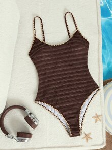 SHEIN Swim 夏季新款歐美風一件式三角性感高衩棕色紋理提花布料撞色細肩帶貝殼飾邊小胸聚攏雙肩帶性感一件式泳衣 女款女孩甜美清新顯瘦泳裝 適用溫泉海灘度假生日派對 - 棕色 - 查看 4