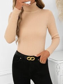 SHEIN Clasi Women's Fashion Versatile High Neck Long Sleeve Sweater For Daily Wear - Brown - View 3