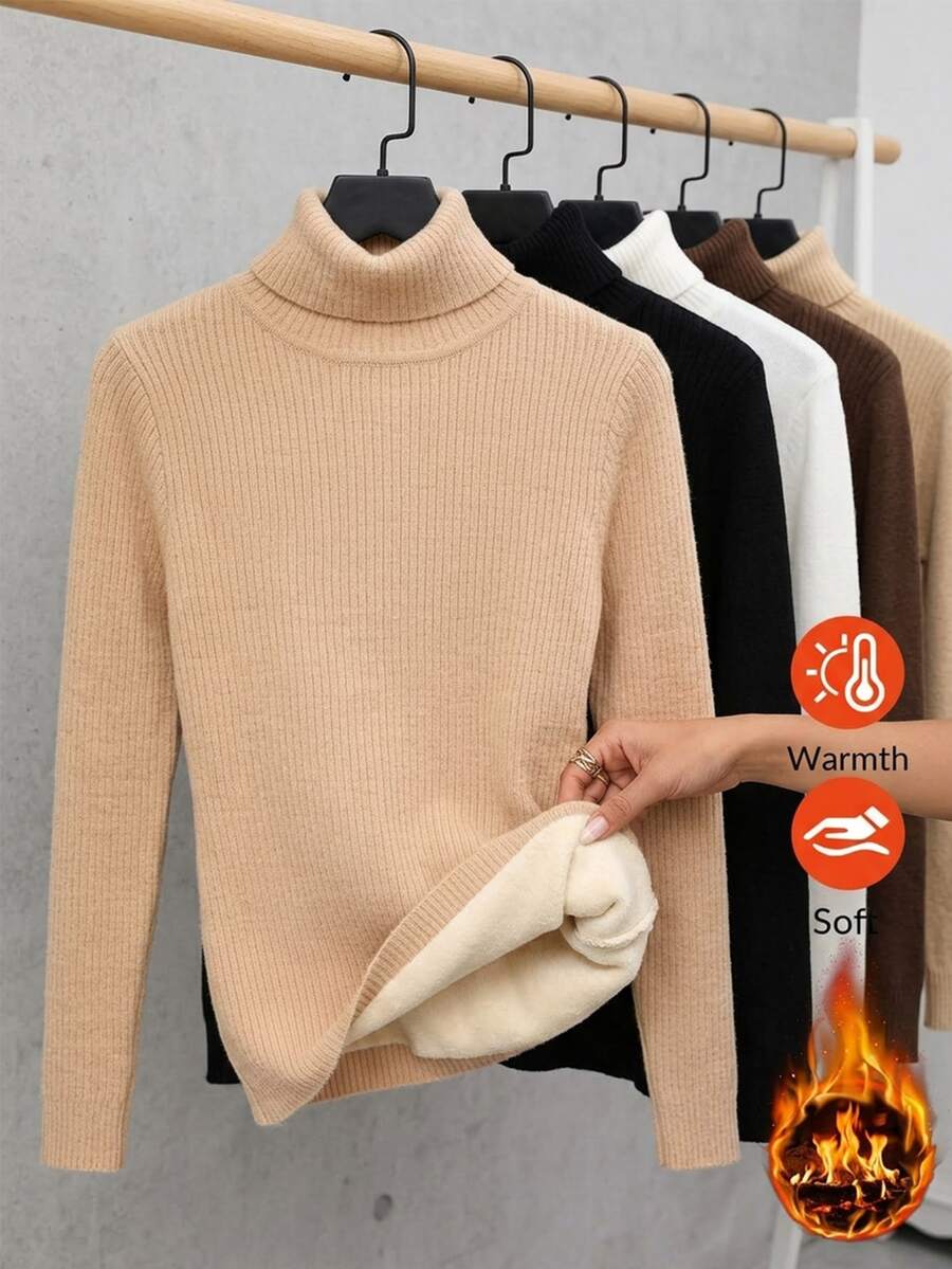 SHEIN Clasi 女款時尚百搭高領長袖毛衣,適合日常穿著 - 棕色 - 查看 1