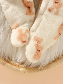SHEIN 新生女嬰連身衣 日常休閒可愛 親子款 棕色與白色波點熊圖案 長袖連帽連身褲 附腳 3D蝴蝶結 毛絨 - 米色 - 查看 10