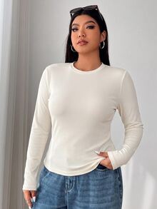 Muchica 大尺碼女款純色圓領長袖修身休閒優雅正式T恤，度假居家穿著，灰色、白色、黑色，秋季 - 彩色 - 查看 5