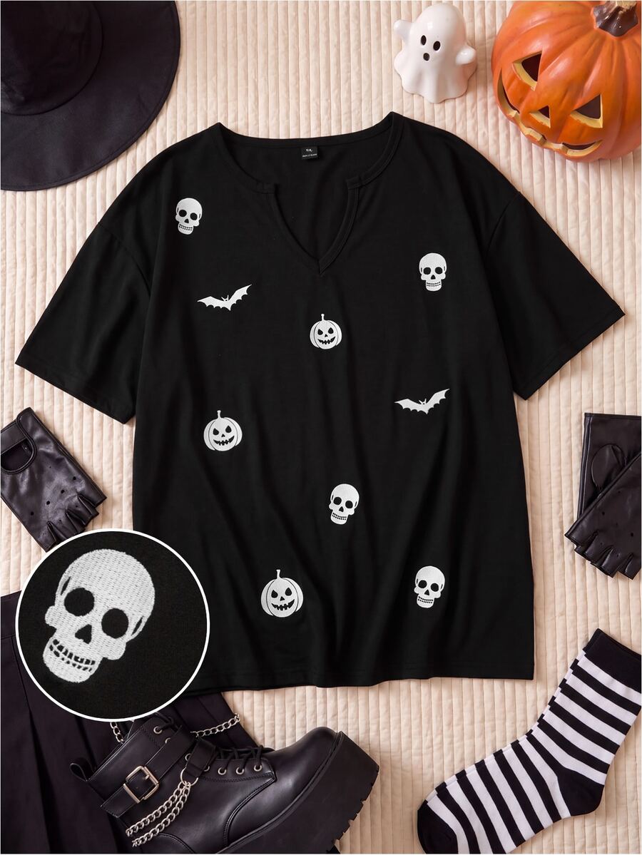 Comfortcana Plus-Size Black Loose-Fit T-Shirt With Halloween Skull Embroidery - Black - View 1