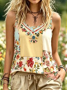 Selamara Pastoral Style Tropical Boho Colorblock Floral U-Neck Tank Top, Women's Bohemian Country Ditsy Floral Vest Beach Vacation Beige Summer - Khaki - View 3