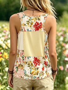 Selamara Pastoral Style Tropical Boho Colorblock Floral U-Neck Tank Top, Women's Bohemian Country Ditsy Floral Vest Beach Vacation Beige Summer - Khaki - View 2