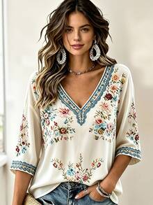 Selamara Women's Fashion Vintage V-Neck Floral Print Blouse - Multicolor - View 7
