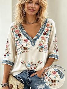 Selamara Women's Fashion Vintage V-Neck Floral Print Blouse - Multicolor - View 1