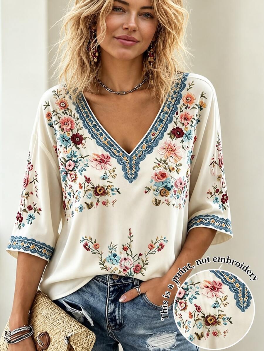 Selamara Women's Fashion Vintage V-Neck Floral Print Blouse - Multicolor - View 1