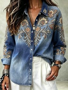 Bytebia Bytebia Vintage American Floral Print Women Loose Button-Up Long Sleeve Shirt - Multicolor - View 4