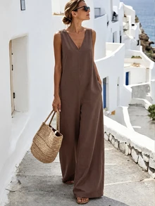 Selamara Sleeveless V-Neck Solid Color Minimalist Casual Pocket Long Jumpsuit Vacation Mocha Brown Summer - Coffee Brown - View 1