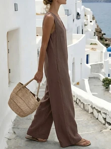 Selamara Sleeveless V-Neck Solid Color Minimalist Casual Pocket Long Jumpsuit Vacation Mocha Brown Summer - Coffee Brown - View 4