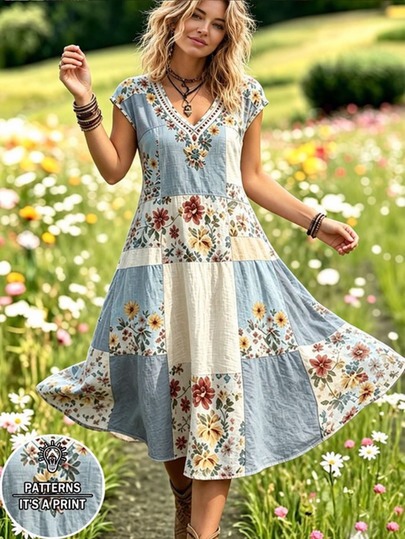 Selamara Bohemian Pastoral Style Faux Patchwork Floral Print Dress, Mori Style Gentle Relaxed V-Neck Sleeveless Dress, Summer Beach Casual Vacation Travel A-Line Skirt