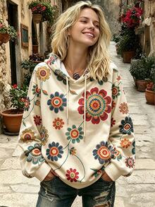 Selamara Bohemian Vintage Colorful Floral Print Hoodie For Women, Loose And Slouchy Off-White Drawstring Sweatshirt - Apricot - View 5
