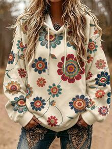 Selamara Bohemian Vintage Colorful Floral Print Hoodie For Women, Loose And Slouchy Off-White Drawstring Sweatshirt - Apricot - View 4