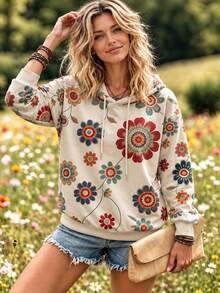 Selamara Bohemian Vintage Colorful Floral Print Hoodie For Women, Loose And Slouchy Off-White Drawstring Sweatshirt - Apricot - View 1