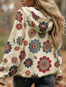 Selamara Bohemian Vintage Colorful Floral Print Hoodie For Women, Loose And Slouchy Off-White Drawstring Sweatshirt - Apricot - View 2