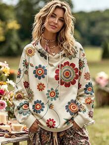 Selamara Bohemian Vintage Colorful Floral Print Hoodie For Women, Loose And Slouchy Off-White Drawstring Sweatshirt - Apricot - View 6