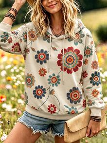 Selamara Bohemian Vintage Colorful Floral Print Hoodie For Women, Loose And Slouchy Off-White Drawstring Sweatshirt - Apricot - View 3