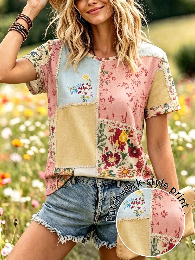 Selamara Boho Patchwork Floral Short Sleeve Tee Vintage Raw Edge Loose Crew Neck Top - Pink - View 3