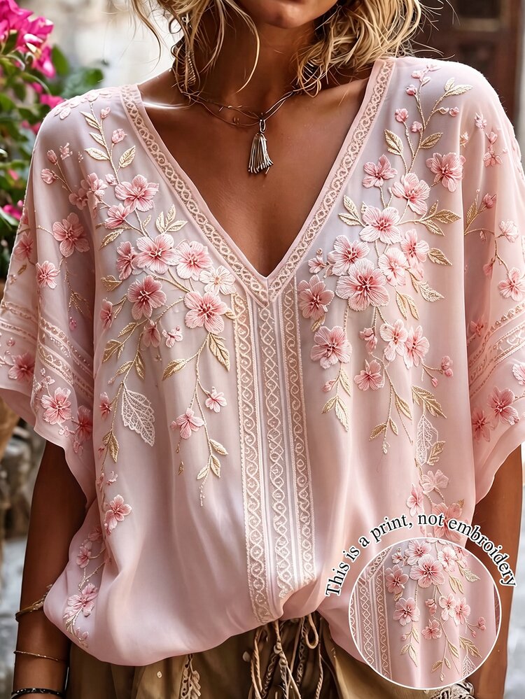 Selamara Women's Fashion Floral Print V-Neck Batwing Short Sleeve Top - Pink - View 3