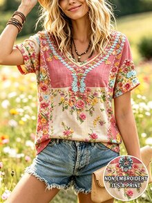 Selamara Bohemian Style Pink & Brown Floral Faux Embroidery V-Neck T-Shirt, Summer Vacation Casual Short Sleeve Top - Multicolor - View 3