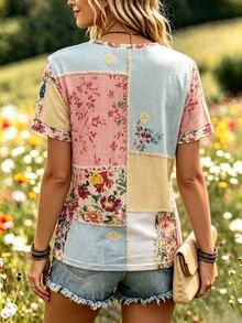 Selamara Boho Patchwork Floral Short Sleeve Tee Vintage Raw Edge Loose Crew Neck Top - White - View 2
