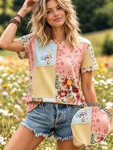 Selamara Boho Patchwork Floral Short Sleeve Tee Vintage Raw Edge Loose Crew Neck Top - White - View 1