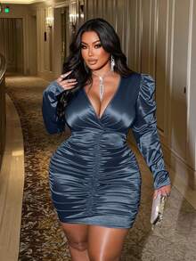 NU&NOW Plus Size Women Solid Color Deep V-Neck Puff Long Sleeve Ruched Fitted Sexy Dress - Dusty Blue - View 7