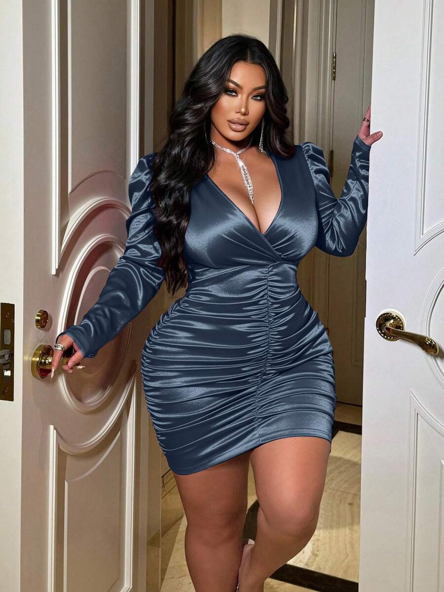 NU&NOW Plus Size Women Solid Color Deep V-Neck Puff Long Sleeve Ruched Fitted Sexy Dress - Dusty Blue - View 1