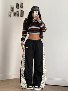 Coolane 女款秋季保暖街頭風休閒時尚黑色波點拼接抽繩腰寬鬆嘻哈慢跑長褲 - 黑色 - 查看 2