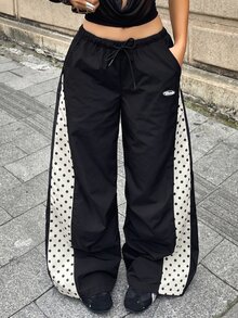 Coolane 女款秋季保暖街頭風休閒時尚黑色波點拼接抽繩腰寬鬆嘻哈慢跑長褲 - 黑色 - 查看 6