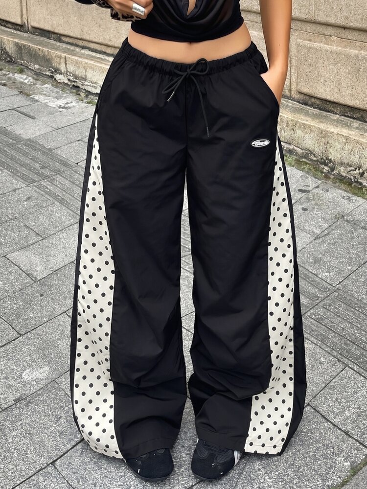 Coolane Women's Fall Warm Streetwear Casual Chic Black Polka Dot Colorblock Drawstring Waist Baggy Loose Hip Hop Jogger Pants - Black - View 6