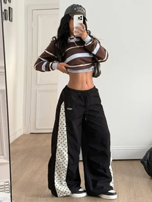 Coolane 女款秋季保暖街頭風休閒時尚黑色波點拼接抽繩腰寬鬆嘻哈慢跑長褲 - 黑色 - 查看 4
