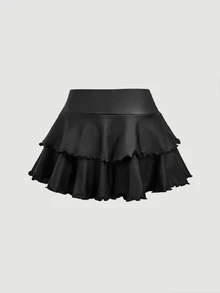SHEIN MOD طقم نسائي من قطعتين بتصميم عصري، توب كاميسول من جلد PU بلون موحد مع تفاصيل حلقات معدنية وتنورة بكشكشة - الأسود - مشاهدة 12