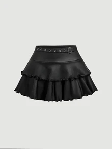 SHEIN MOD طقم نسائي من قطعتين بتصميم عصري، توب كاميسول من جلد PU بلون موحد مع تفاصيل حلقات معدنية وتنورة بكشكشة - الأسود - مشاهدة 11