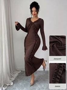 Modelyn Gaun Midi Wanita Elegan dengan Potongan Pas Badan, Leher V, Lengan Panjang, Hiasan Rumbai, dan Belahan Samping, Desain yang Melangsingkan - Coklat - View 9