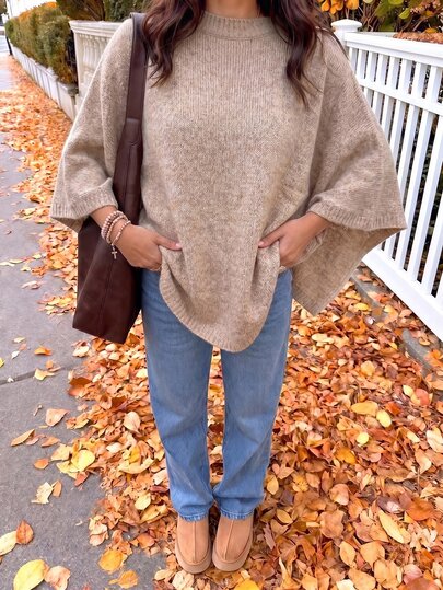 Flora Isola Flora Isola Slouchy Minimalist Premium Mixed Color Yarn Knit Sweater Semi-High Neck Cape-Style Loose 3/4 Sleeve Top Casual Vacation Women's Beige Autumn