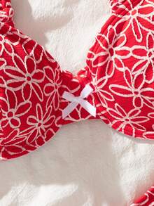 SHEIN Swim Springbreak Summer Vacation Flowery Fabric Sexy Bowknot Thick Strap Underwire 2pcs Bikini Set - Red and White - View 5