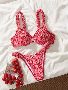 SHEIN Swim Springbreak Summer Vacation Flowery Fabric Sexy Bowknot Thick Strap Underwire 2pcs Bikini Set - Red and White - View 1