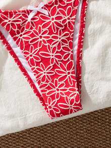 SHEIN Swim Springbreak Summer Vacation Flowery Fabric Sexy Bowknot Thick Strap Underwire 2pcs Bikini Set - Red and White - View 6