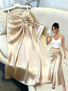 Elenzga New Woven Satin Ribbon Design Metal Buckle Elegant Daily Women's Skirt - Apricot - View 6