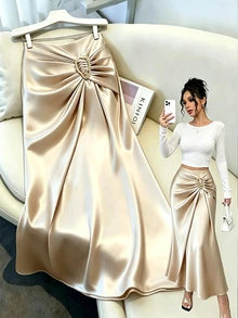 Elenzga New Woven Satin Ribbon Design Metal Buckle Elegant Daily Women's Skirt - Apricot - View 1