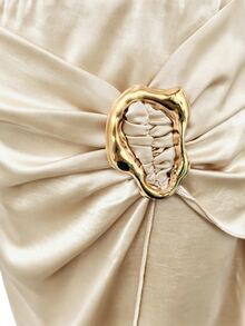 Elenzga New Woven Satin Ribbon Design Metal Buckle Elegant Daily Women's Skirt - Apricot - View 4