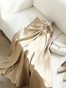 Elenzga New Woven Satin Ribbon Design Metal Buckle Elegant Daily Women's Skirt - Apricot - View 3