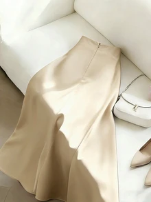 Elenzga New Woven Satin Ribbon Design Metal Buckle Elegant Daily Women's Skirt - Apricot - View 2