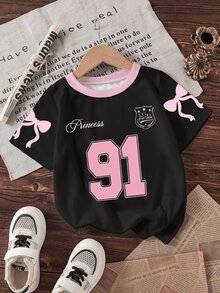Sparklyn 青少年女孩时尚街头风格 91 图案拼色圆领 T 恤，夏季 - 粉色 - 查看 3