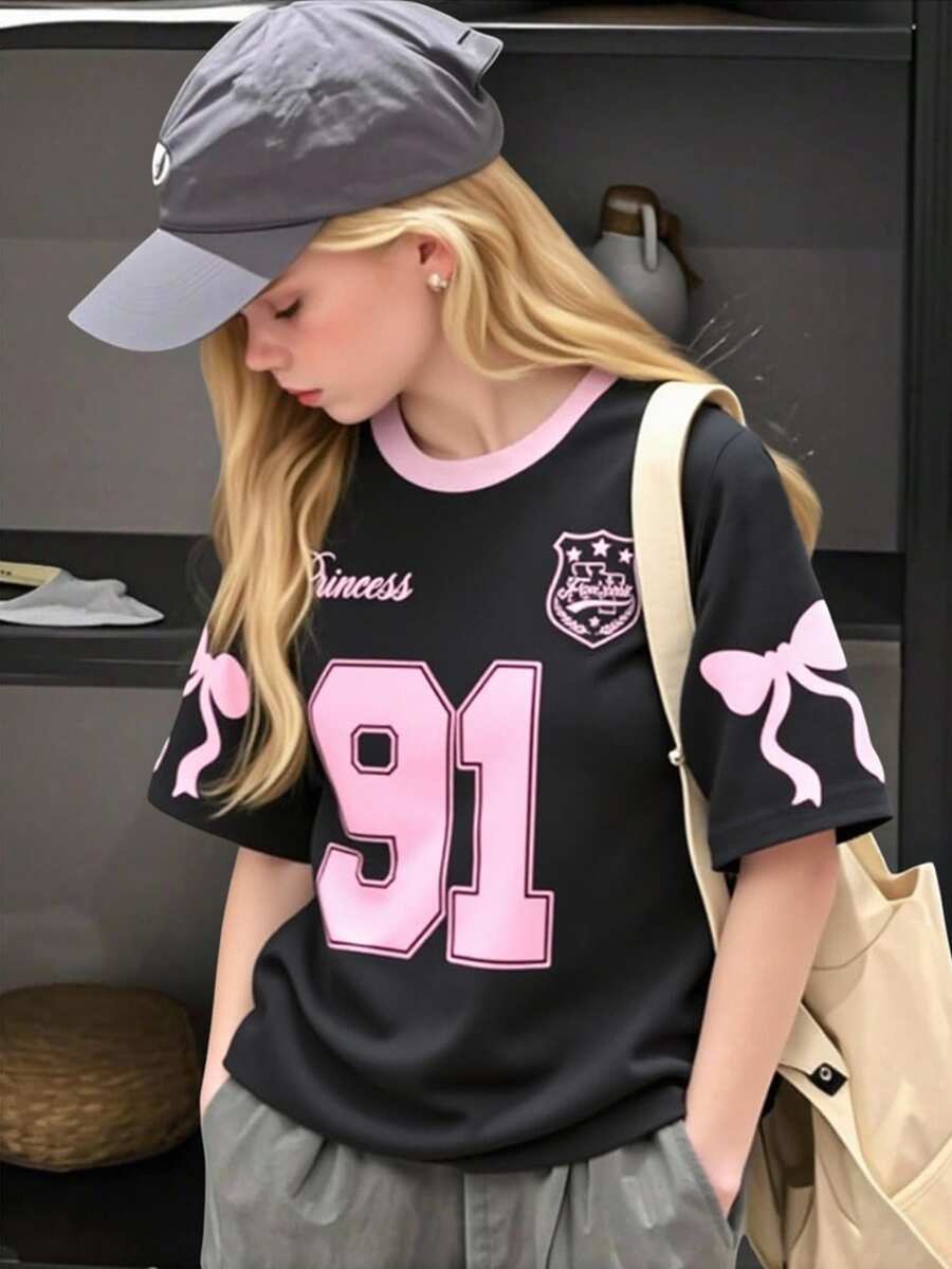 Sparklyn 青少年女孩时尚街头风格 91 图案拼色圆领 T 恤,夏季 - 粉色 - 查看 1