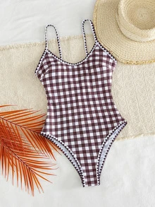 SHEIN Swim 春夏新款歐美風一件式性感高衩紅色幸運魚印花撞色細肩帶貝殼飾邊聚攏胸雙肩帶泳衣，適合女性與女孩，甜美清新顯瘦，適用溫泉、海灘、度假、生日派對 - 彩色 - 查看 4