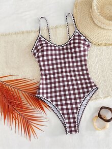 SHEIN Swim 春夏新款歐美風一件式性感高衩紅色幸運魚印花撞色細肩帶貝殼飾邊聚攏胸雙肩帶泳衣，適合女性與女孩，甜美清新顯瘦，適用溫泉、海灘、度假、生日派對 - 彩色 - 查看 3